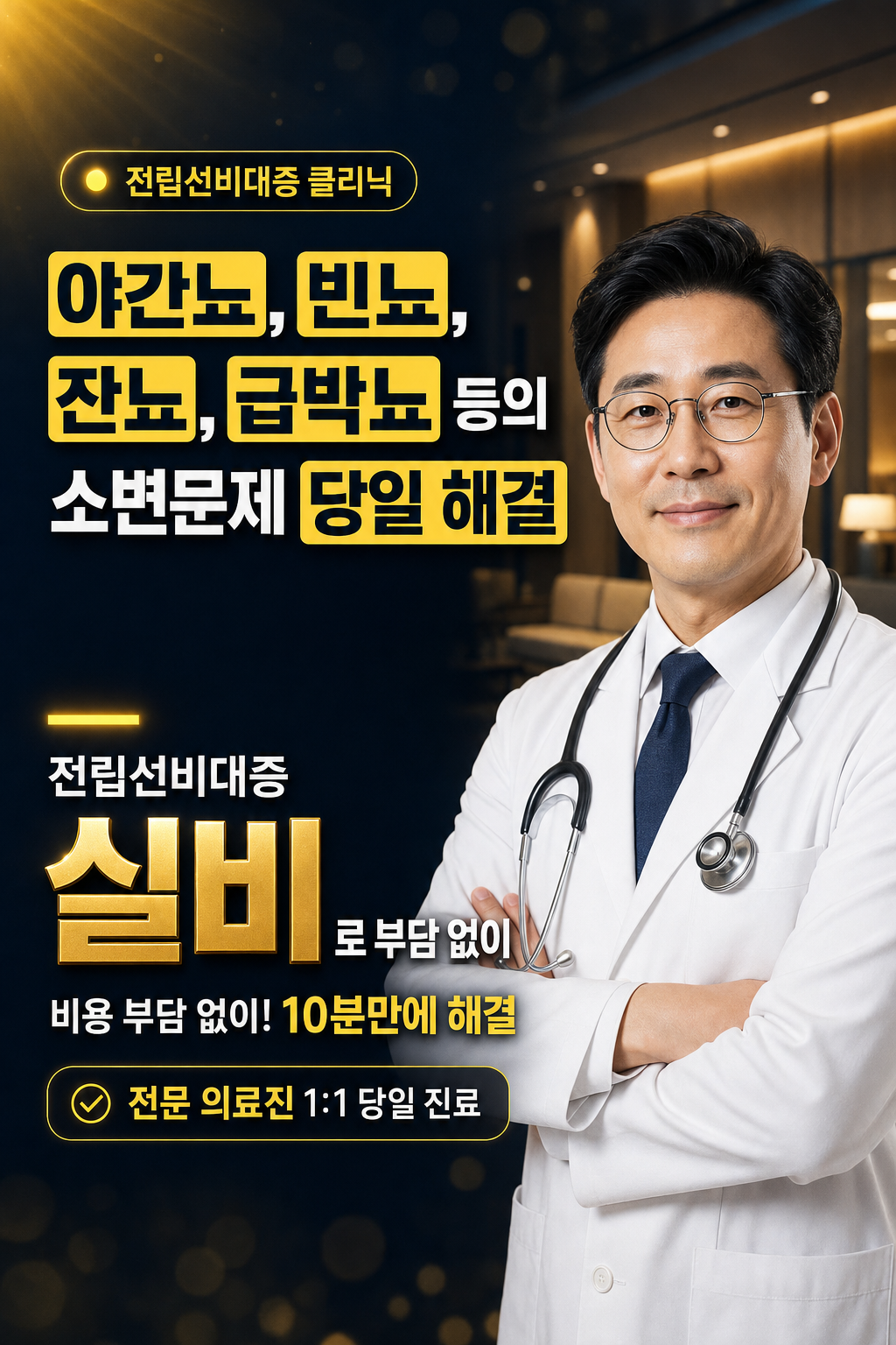 전립선비대증 전문 의료진 키비주얼: 야간뇨·빈뇨·잔뇨·급박뇨 등 소변문제 당일 해결, 실비로 부담 없이, 10분만에 해결, 전문 의료진 1:1 당일 진료